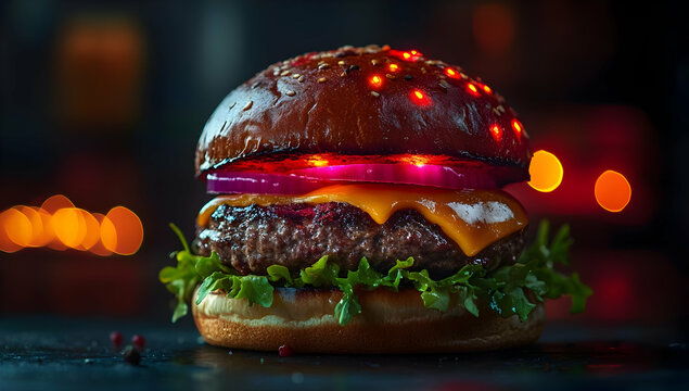 A vibrant, mouth-watering hamburger featuring melted cheese, fresh lettuce, and red onions atop a glossy bun, perfect for food lovers.