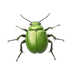 Close-up isolated view of a vibrant green beetle against a white background, highlighting the intricate details of its exoskeleton and legs.