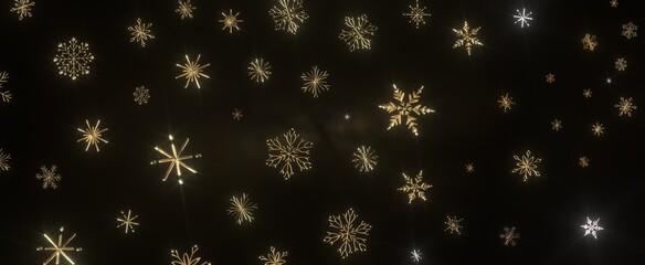 Golden snowflakes falling on a black background A winter wonderland