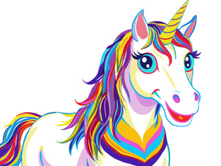 a colorful illustration of a unicorn. The unicorn has a white body with a vibrant, multicolored mane and tail, featuring shades of blue, purple, pink, yellow, and green