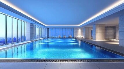A serene indoor swimming pool with modern design and calming blue tones, perfect for relaxation and leisure activities.
