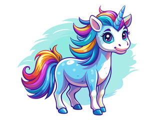 a colorful cartoon illustration of a unicorn. The unicorn has a light blue body with white spots and a shiny, multicolored mane and tail featuring shades of blue, purple, pink, orange, and yellow