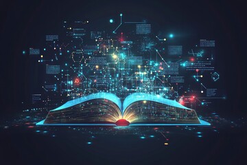Learn online book in digital futuristic style. Infographics and book, the concept of new technologies in e-education or e-book. with generative ai