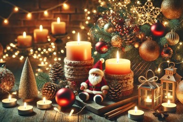 Atmospheric still life with Christmas candles, Santa Claus figure and festive fir green