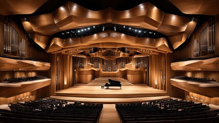 Obraz premium A stunning interior of a concert hall featuring elegant wooden architecture and a grand piano on stage, perfect for music events.