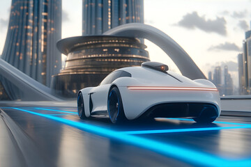 Obraz premium Autonomous car and taxi against futuristic city. Full self driving car in the high tech urban environment. Urban transportation. 