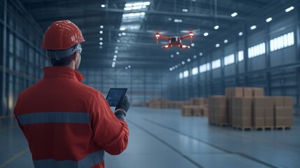 Warehouse Worker Using Drone for Inventory Management.