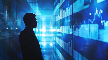 Businessman in a Blue Theme Office, Examining Financial Reports, Copy Space