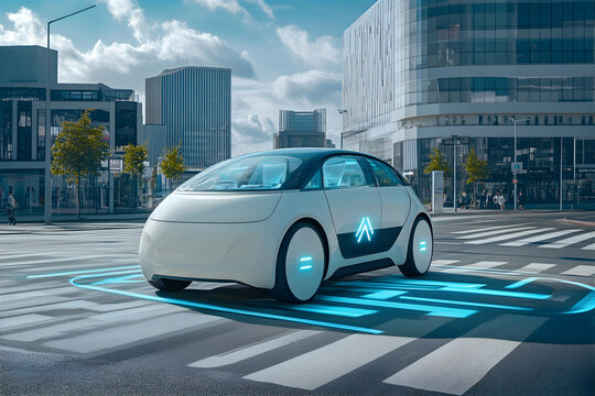 Autonomous car and taxi against futuristic city. Full self driving car in the high tech urban environment. Urban transportation. 