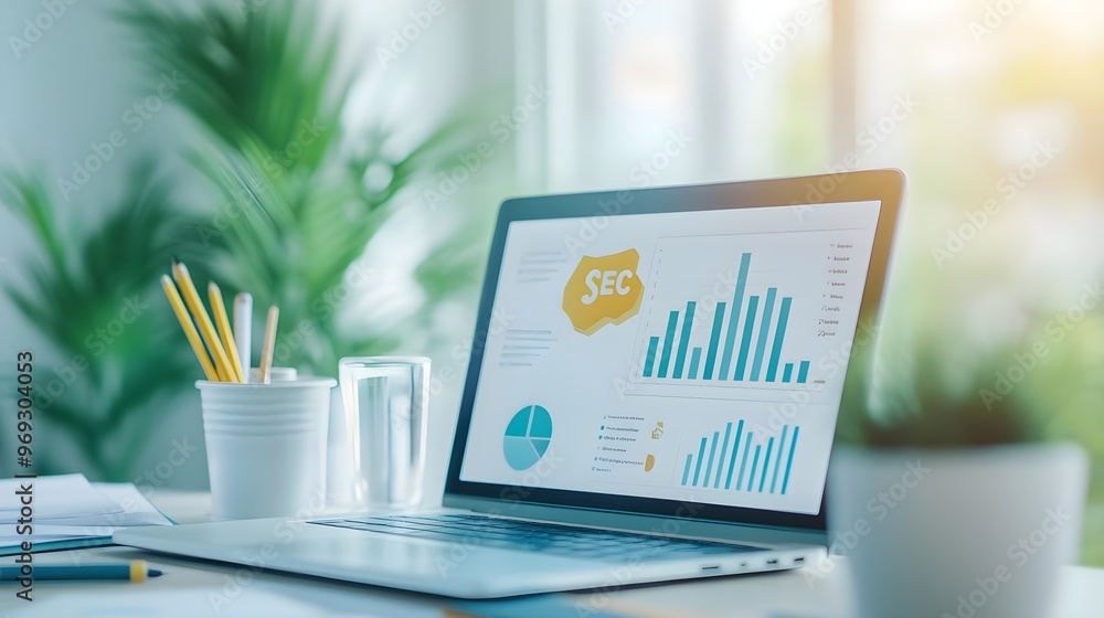Poster laptop with sec graph and charts on desk