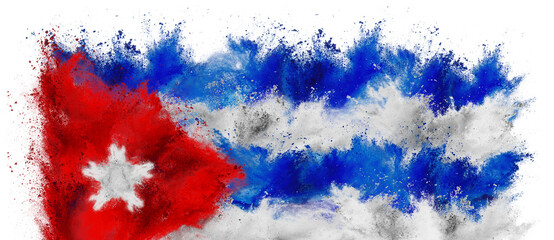 colorful flag of cuba with red white and blue star color holi paint powder explosion isolated white...