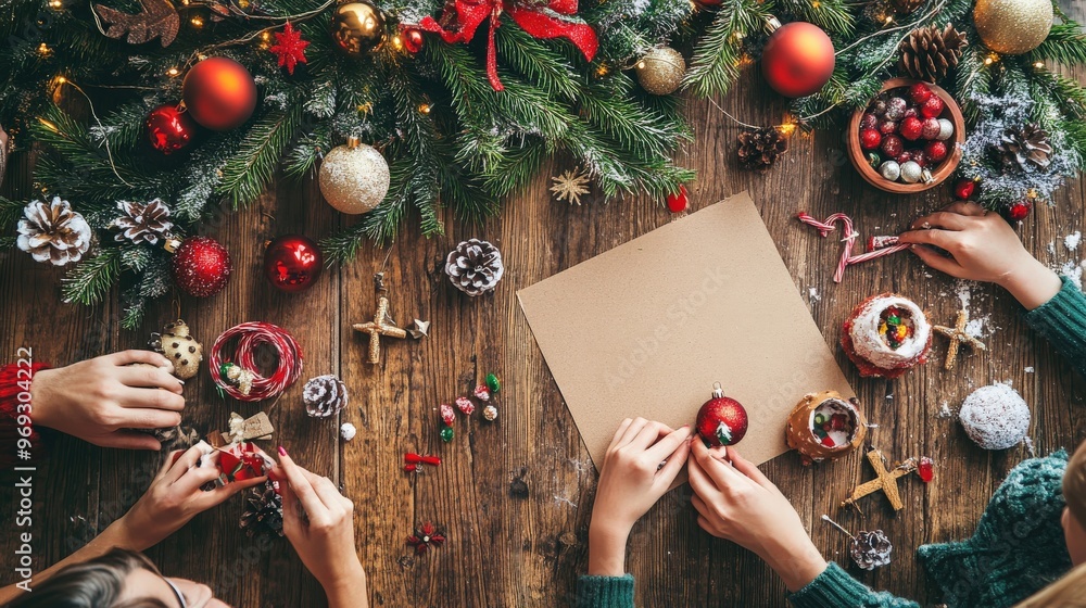 Wall mural family gathered around a table with christmas crafts, making ornaments together, creative holiday fu