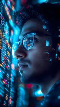 A close-up of an Indian man wearing glasses, surrounded by digital code and holographic data visualizations, representing the integration with artificial intelligence technology