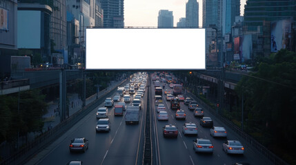Blank billboard over a busy urban highway with heavy traffic, surrounded by high-rise buildings during twilight, ready for advertisement.