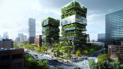 Obraz premium Futuristic buildings with green architecture and urban landscape, showcasing sustainability and modern design.