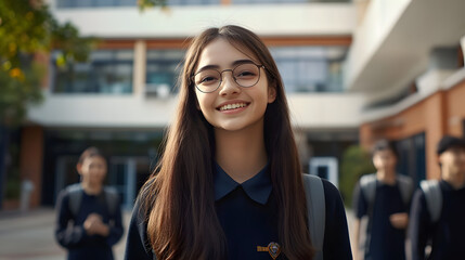 Cheerful female student stands in front of an educational institution.