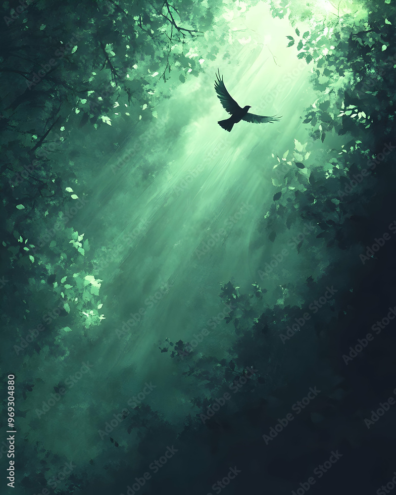 Poster a serene forest scene with a bird soaring through beams of light, creating a tranquil and magical at