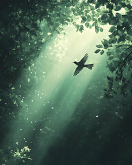 Obraz premium A serene forest scene capturing a bird flying gracefully through sunlit beams and lush green leaves, embodying nature's beauty.