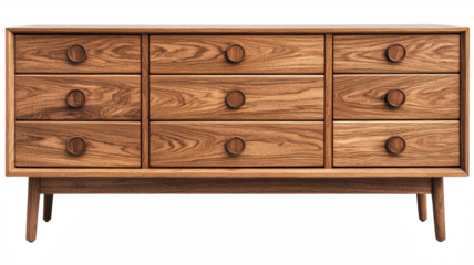 A beautifully crafted wooden dresser with nine drawers, featuring a sleek and elegant design. Perfect for bedroom storage and adding a touch of sophistication.