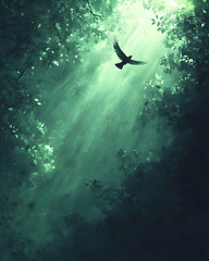 Fototapeta premium A serene forest scene with a bird soaring through beams of light, creating a tranquil and magical atmosphere.