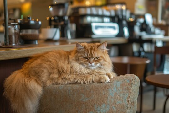 Fluffy orange cat lounging in a cozy cafe.