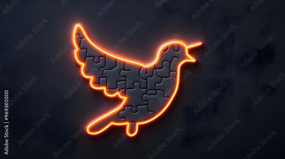Poster neon puzzle bird - symbol of hope and unity