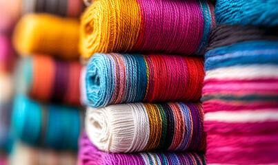 Multi-colored threads close up. Wool threads for needlework. Macro of thread texture. Abstract vibrant background. 