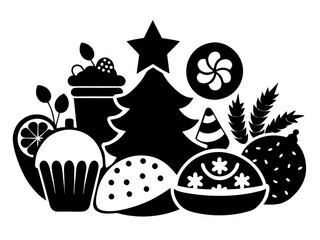 Christmas Food Black Silhouette,christmas food silhouette, black holiday feast 