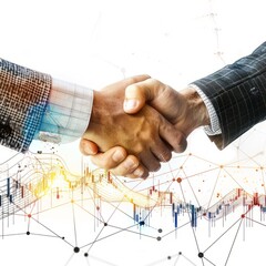 Businesspeople Shaking Hands With Financial Data and Network Visualization