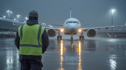 Airplane Taxiing in the Rain.