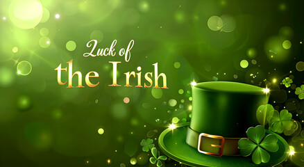 St. Patrick's Day background with gold text Luck of the Irish and green hat, shamrock, and bokeh light background. Vector illustration for st patrick's day banner template.