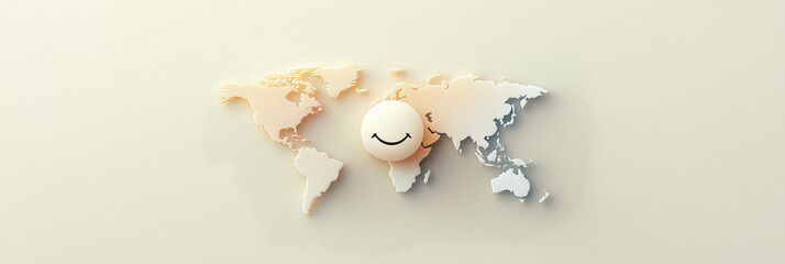 A minimalistic world map with continents in soft tones, centered on a bold smiley face, celebrating unity and happiness for World Smile Day.