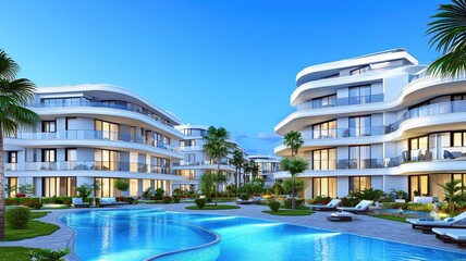 Modern luxury villas with elegant architecture surrounding a serene pool, perfect for vacation or relaxation in a tropical setting.