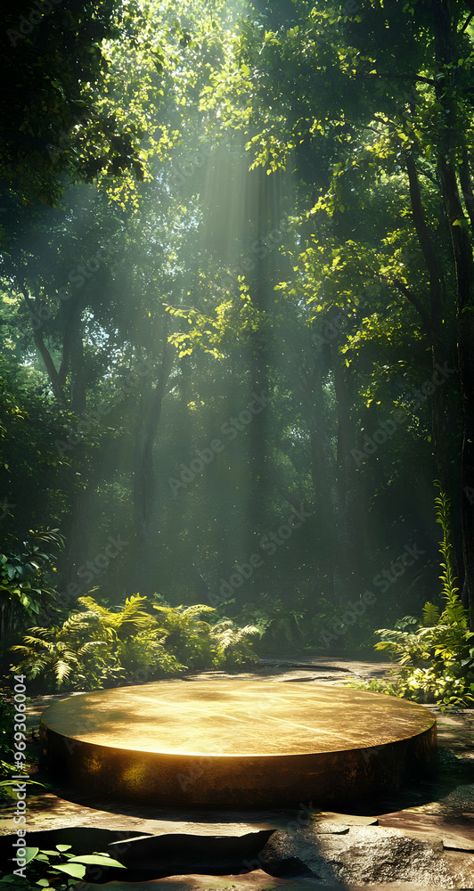 Poster enchanting forest scene with sunlight filtering through trees, illuminating a wooden platform surrou