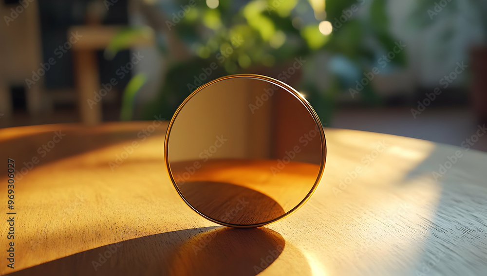 Poster a delicate round mirror reflecting soft light, resting on a wooden table, surrounded by greenery, cr