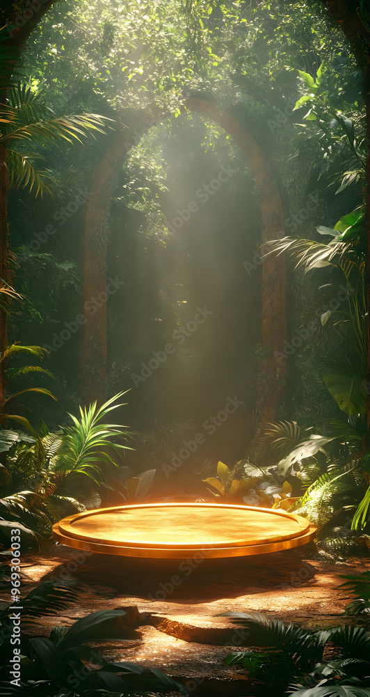 Poster a serene jungle scene featuring a glowing circular platform bathed in soft light, surrounded by lush