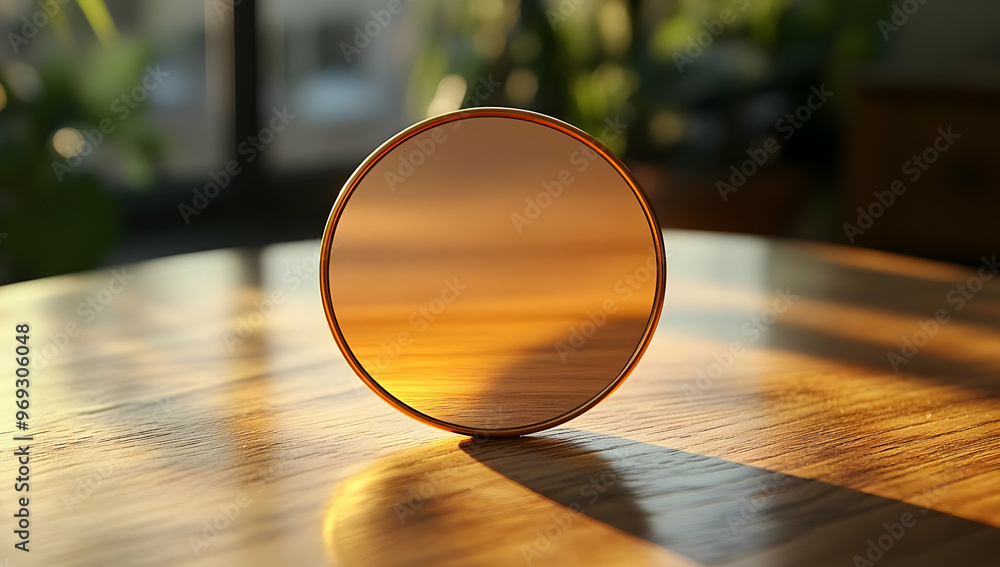 Poster a reflective circular object casting warm hues during sunset, placed on a wooden table with soft nat