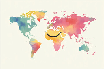 A minimalistic world map with continents in soft tones, centered on a bold smiley face, celebrating unity and happiness for World Smile Day.