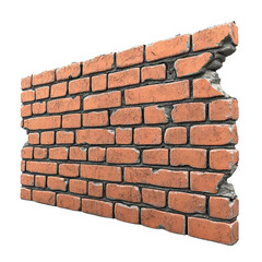 Fototapeta premium A partially damaged red brick wall with some broken and missing sections, showcasing texture and structural details against a transparent background.