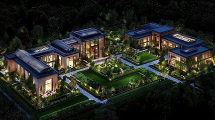Fototapeta premium Stunning aerial view of modern luxury homes illuminated at night, surrounded by a beautifully landscaped garden.