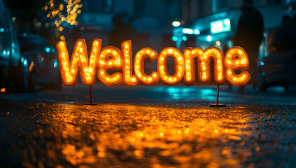 A vibrant 'Welcome' sign glowing with warm lights on a wet street, inviting visitors with its charming ambiance and festive appeal.