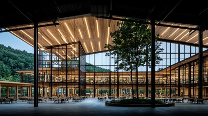 Obraz premium Stunning modern architecture featuring large glass walls, wooden accents, and natural light creating an inviting atmosphere.