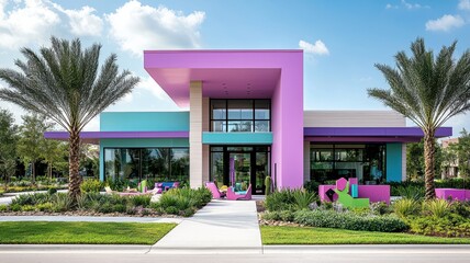 Fototapeta premium Vibrant modern architecture featuring colorful exterior and palm trees in a sunny landscape, ideal for contemporary design projects.