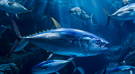 A school of tuna swims in the ocean depths. Concept of the underwater world of Tuna migration.