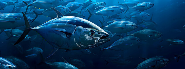 A school of tuna swims in the ocean depths. Concept of the underwater world of Tuna migration.