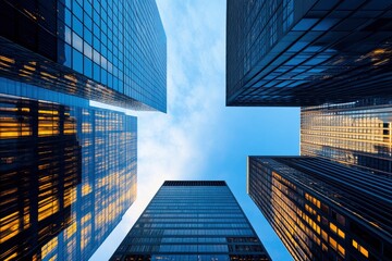Looking Up modern high-rise office buildings with blue sky in the background with generative ai