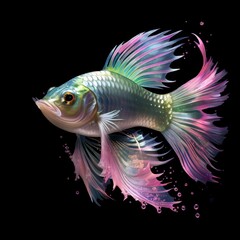Fototapeta premium A colorful, artistic depiction of a fish with vibrant, flowing fins against a dark background.