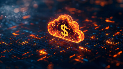Futuristic cloud with dollar sign symbolizing digital finance and cloud technology. Ideal for business, finance, and tech themes.