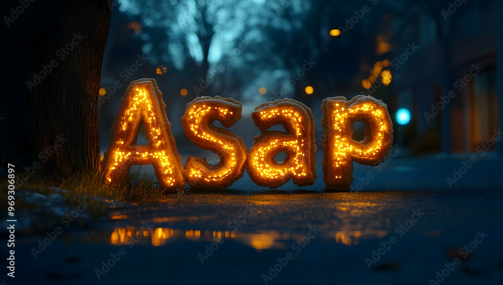Aufkleber illuminated letters spelling 'asap' create a striking visual in a serene evening setting, ideal for 