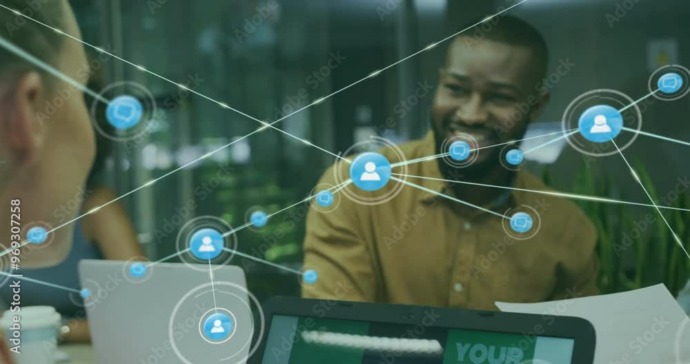 Poster animation of network of connections with icons over diverse colleagues using laptop in office